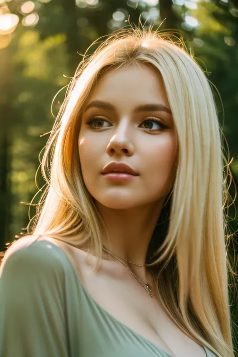 Close-up portrait, sexy ss blonde, parted lips, lips, Casual Dresses, View your viewers, Forest Background, Sunset Light, Realistic