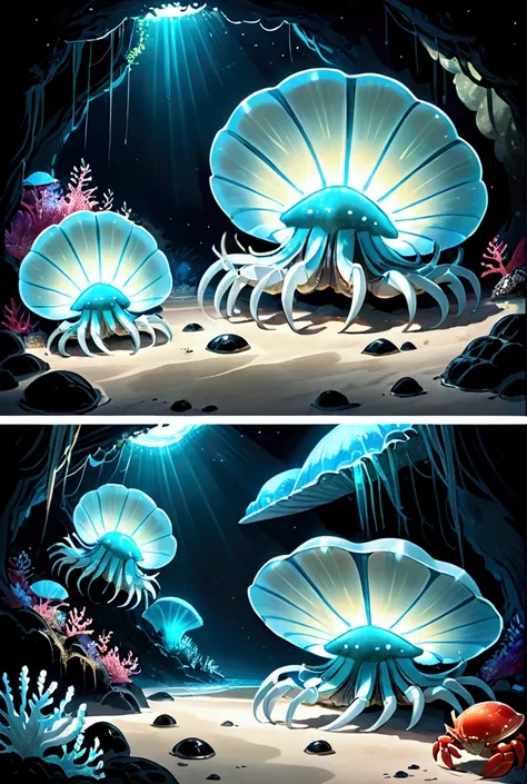 Tube-like creatures, massive bioluminescent clams, crab-like predators.
