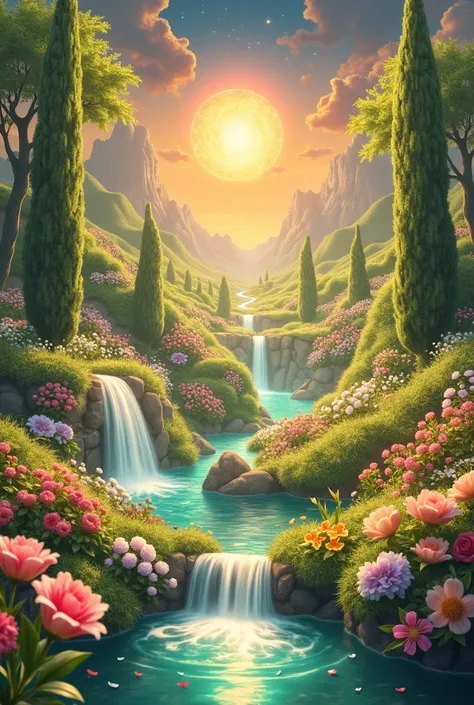 Israel- Fantastic - Painting Style Waterfall Soft painting style Brightly colored Bright light a wonderful heavenly garden, rainbow reflected on a splendid river valley of eden sea a wonderful valley,Morning Sun, river, Rose, Pastel pink path, Beautiful at...