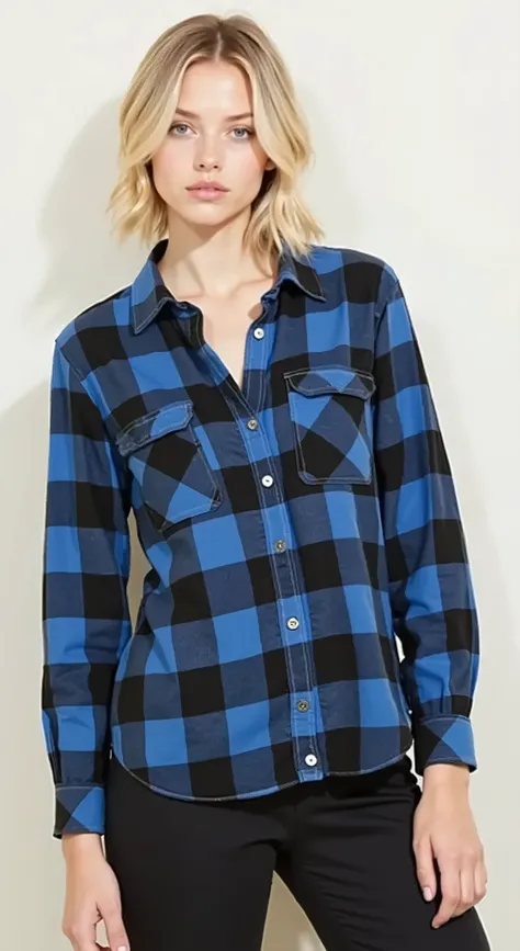 a young woman wearing a blue and black plaid shirt, plaid shirt, flannel, lumberjack flannel, wearing a flannel shirt, wearing plaid shirt, wearing a plaid shirt, blue and black, button up shirt, blue shirt, blue checkerboard dress, lumberjack, button - up...