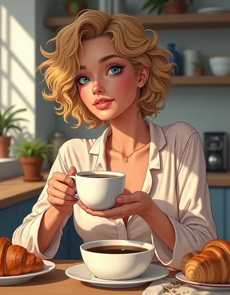 A just woken up beautiful gorgeous golden short curly hair style woman, still using her silk pajamas, messy hair in the morning, feels the tranquil moring, talking with you with intimate eye stare and passionate smile, listening to you attentively, a cup o...