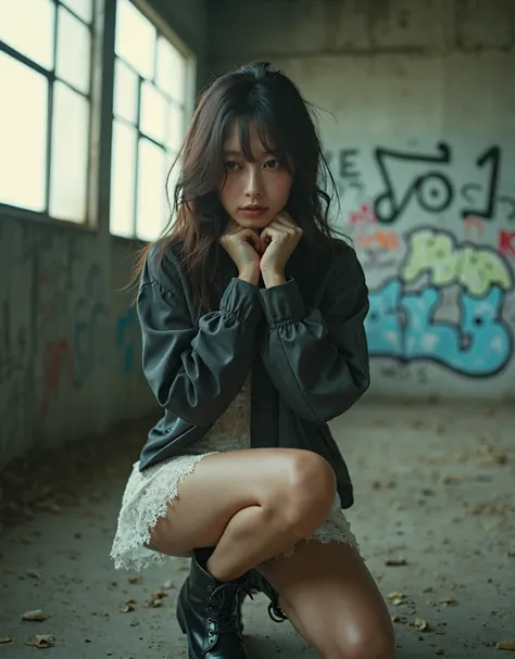 A cinematic film photo shoot in empety building, shot on mamiya R67 with 35mm lens f-1.4, below shot angle from a young pretty JAV idol girl with moody expression and beautiful ayes, fashionable and sexy girl, sitting and leaning on the concrete fence with...