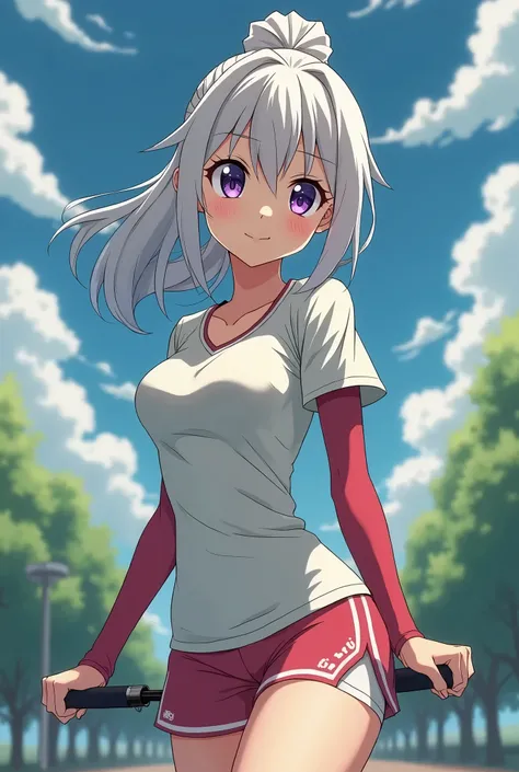 HD、Animation style、white hair 、Purple Eyes、girl、plump breasts 、High school student 、single ponytail、Baseball player、Light color short sleeve top、Long sleeve red underwear、Good shape、Thin、sash、Sky、cloud、sunny、Cycling