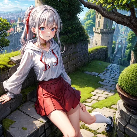 Rainbow red and silver hair、Rainbow Eyes、Wavy Hair、Hair tied up、Two cute、Checked mini skirt、Black T-shirt、Long sleeve、Wearing a hood、Black knee-high socks、Teeth are visible、Old Castle、Tilting face、lawn、In front of the city gate、The stone is cracked、Uneven ...