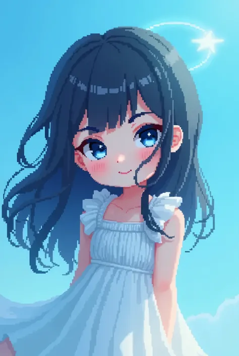 Hzk, Masterpiece, best quality, 8k, pixel art, pixel art, vivid, ((one girl)), junior, cute 미소, cute, bend diagonally, Close your mouth, fluffyの髪, fluffy, Long hair, Sheep-like hair, black hair, eyebrow, 太いeyebrow, white dress, (best quality:1.0), In the b...