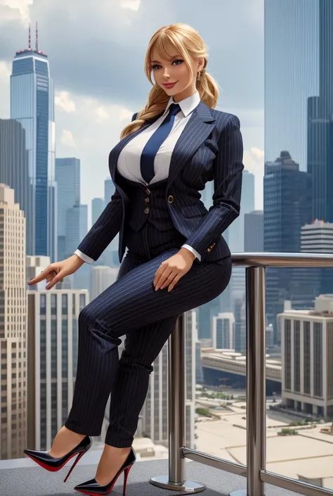 Giantess art, giga giantess in distance, a group of multiple women with beautiful curves, massive thighs, blonde hair in a fishtail braid, lipstick, wearing a perfect form-fitting navy blue pinstriped trouser suit and blazer, crisp white shirt, and a large...