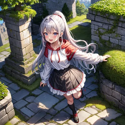 Rainbow red and silver hair、Rainbow Eyes、Wavy Hair、Hair tied up、Two cute、Checked mini skirt、Black T-shirt、Long sleeve、Wearing a hood、Black knee-high socks、Teeth are visible、Old Castle、Tilting face、lawn、In front of the city gate、The stone is cracked、Uneven ...