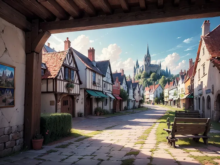 ((masterpiece)),((Best Quality)),((high detail)),((Realistic,)) ((Super detailed)) Medieval small town landscape, Cartoonist&#39;s illustration, Aerial photography, Beautiful sky, Distorted Clouds, 1.3:pine tree, Tower.