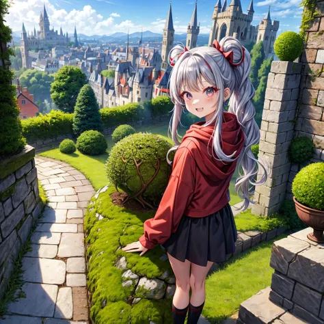 Rainbow red and silver hair、Rainbow Eyes、Wavy Hair、Hair tied up、Two cute、Checked mini skirt、Black T-shirt、Long sleeve、Wearing a hood、Black knee-high socks、Teeth are visible、Old Castle、Tilting face、lawn、In front of the city gate、The stone is cracked、Uneven ...