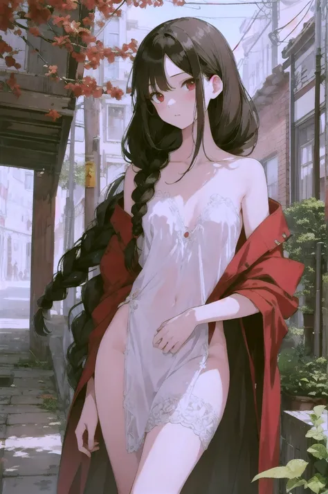 Beautiful illustrations, Best Quality, pretty girl,Black Hair、Completely naked、Walking、Braids、Slightly red eyes