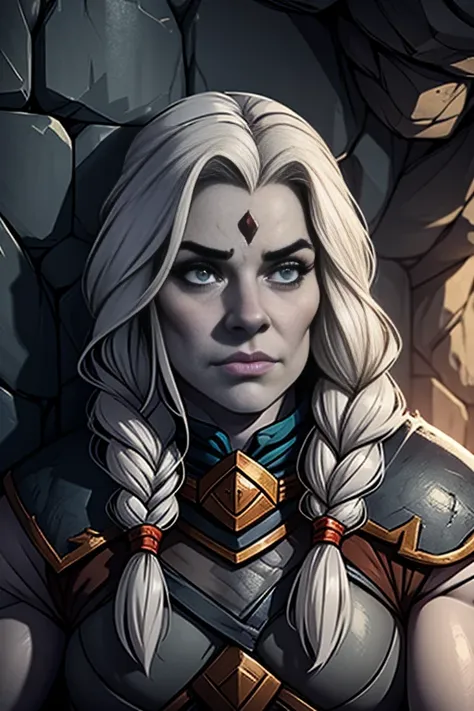 Portrait of a Duergar female dwarven adventurer, (grey skin), white hair, stocky, in a undeground cavern, dramatic lighting,  long braided hair, muscled, fit, leaning against wall, 