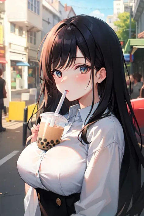 ((((ultra illustrated style:1.0)))),best quality,best animated,masterpiece,ray tracing, global illumination,bubble tea challenge,1girl, solo, looking at viewer, outdoors, upper body, large breasts, 
 