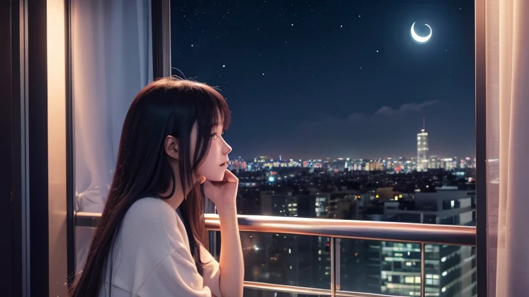 Image of a young woman gazing at the moon from the balcony of her room on a quiet night。
Her room is on the 10th floor、The night city lights are beautifully visible from the balcony.。
The moon shines gently in the sky。, painting, anime