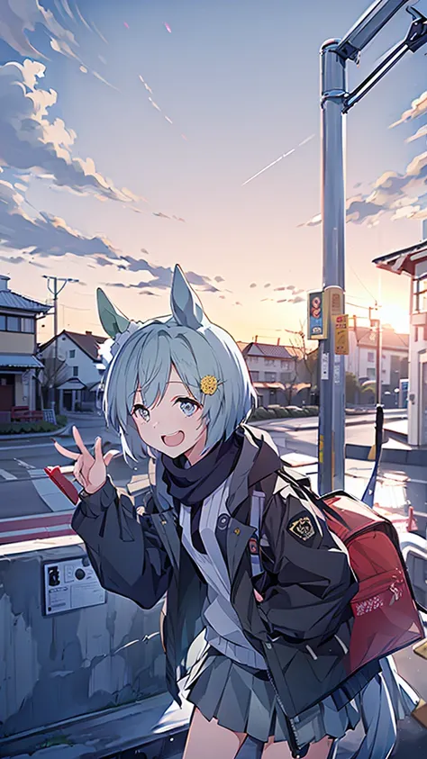 masterpiece, Best Quality, High resolution, Very detailed,(((Seiun Sky))), (((Horse Girl)))、(((Around town)))、(((Standing far away))), (((Facing forward。))), (((bus stop))), (((Tornado in the background))), (((Laughing。)))