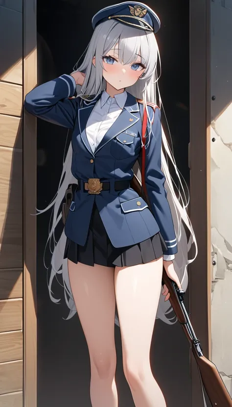 One beautiful girl, (((Ultra-high resolution、Ultra high definition、Highest Settings、８k、)))、Small breasts、clear、Shyness、Unbuttoned military uniform、Hold the rifle、Long Hair、Silver Hair、Wear your military cap low on your head、Soldier、Major、skirt、whole body、