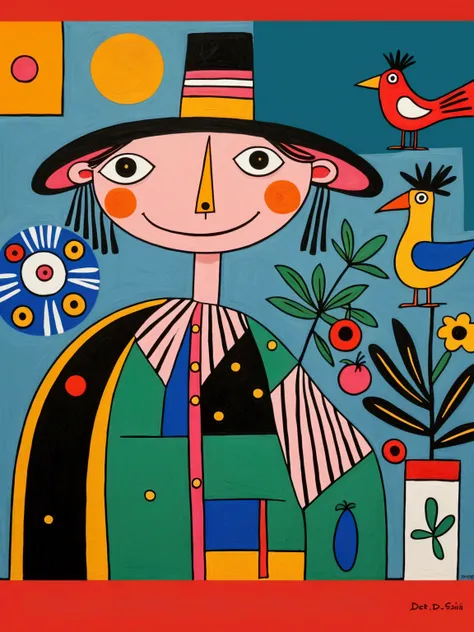 in the style of thierry noir（artist）， a painting with a funny looking cat with a hat holding a red bird , in the style of de sti...