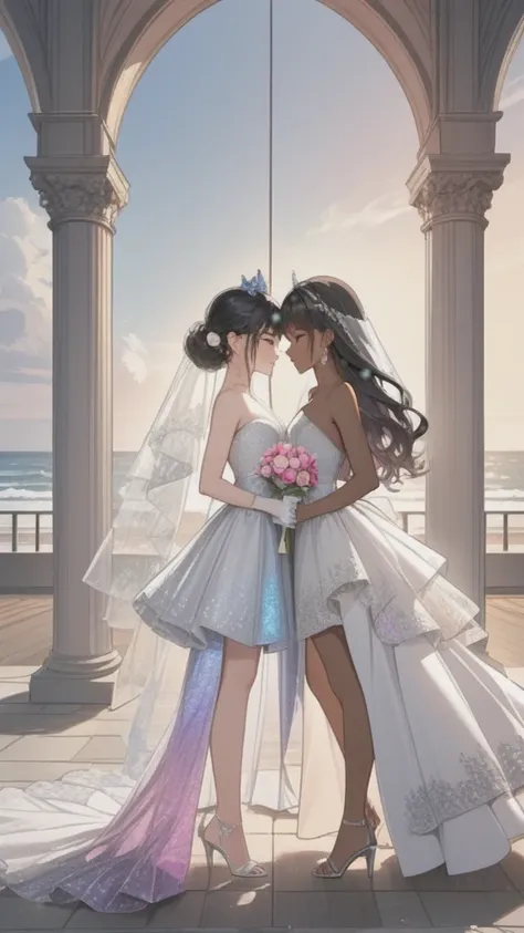 Two Brides:
first woman with a strapless wedding dress, lace top, with trans flag colors(blue, white, pink), black eyes,(((brown skin))), transparent wedding veil, wearing white finger gloves, purple tiara, long wavy black hair, wearing silver high heels s...