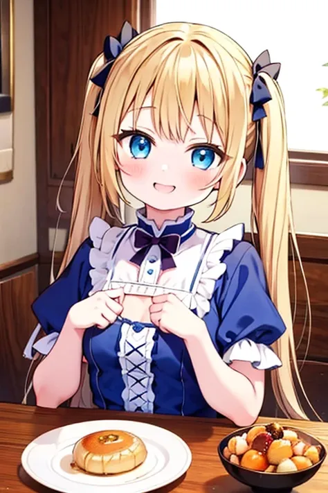 blonde with blue eyes、lolita、small breasts、twin tails、girl brat,eating a large marron sweets,smile,