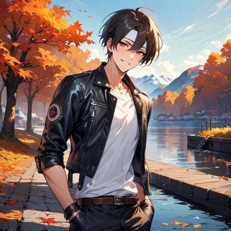 Beautiful boy, one, alone, kind smile, short hair, black hair, beautiful red eyes, ((masterpiece)), (((top quality))), (((very detailed))), one boy, beautiful, black hair, happy, blushing kind smile, ((rolled up sleeves black leather jacket))), fingerless ...