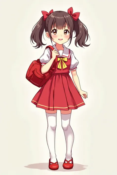 A girl with sailor fuku, puff sleeve and twin tails hair and 150cm height, with white long stocking in his leg, red uwabaki and red rondoseru