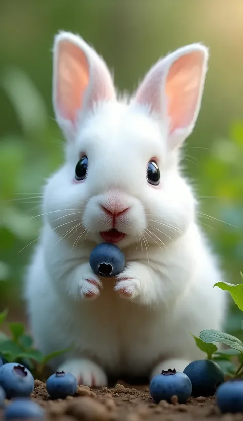 “A close-up of a small, fluffy White bunny with big, curious eyes, sitting on the ground surrounded by blueberry. The bunny is nibbling on some food with its mouth slightly open, looking cute and innocent. The background includes greenery and a natural out...