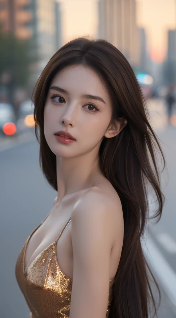 ((Realistic lighting, top quality, 8K, Masterpiece: 1.3)), Clear Focus: 1.2, 1 girl, Perfect Body Beauty: 1.4, Slim Abs: 1.1, ((Dark Brown Hair, Big: 1.3)), (Accelerate: 1.4), (Outdoor, Night: 1.1), Street, Ultra Slender Face, Fine Eyes, Double Eyelids, Ex...