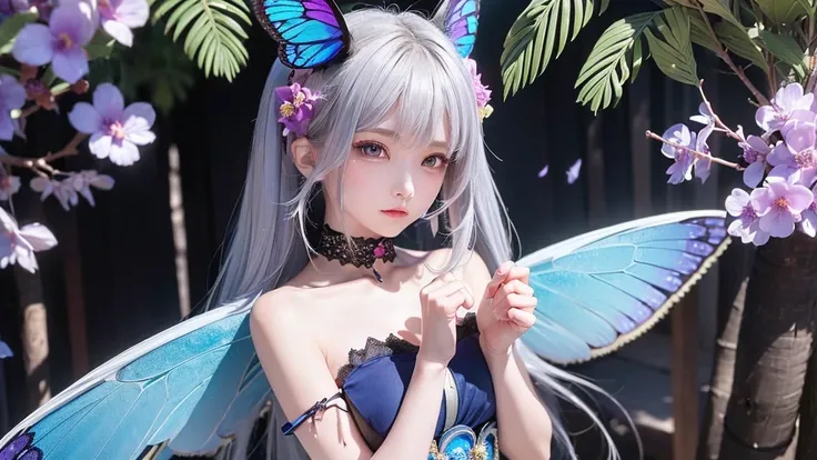 ((masterpiece)), (((Best Quality))), ((Very detailed)), colorful, High resolution, One girl, Alone, Upper Body, Grey Hair,Green Eyes, Luo Tianyi (Midsummer),Midsummer, Black and purple dress, (Blue Butterfly), White butterfly wings