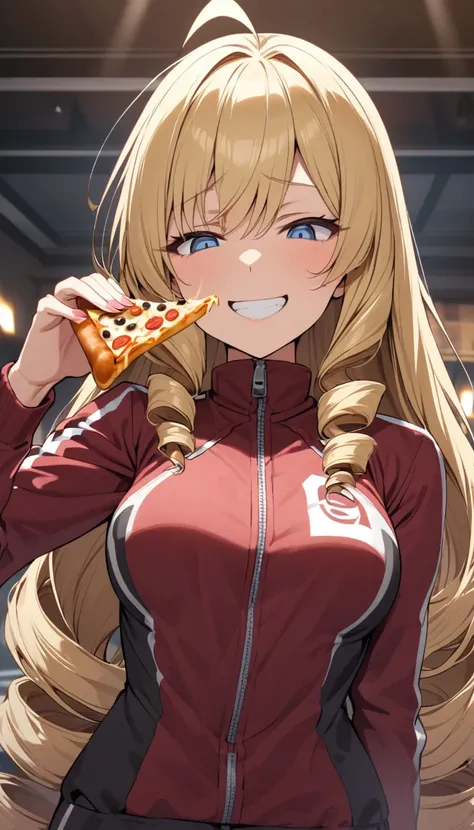 woman,, View your audience, Long Hair, Ahoge, blonde, Drill Hair, blue eyes, Slanted Eyes, Maroon zippered sportswear, Grin, Holding a slice of pizza、Aristocrat&#39;s Room、, Upper Body、Speedy Shot, Top quality masterpiece, detailed, ultra detailed, hyper d...