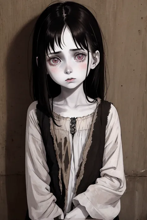 a girl (Child) with dark hair and pale skin, sick and sad wearing rags