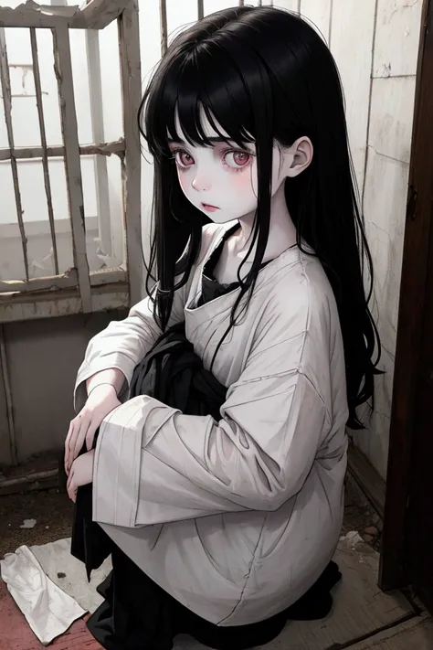 a girl (Child) with dark hair and pale skin, sick and sad wearing rags