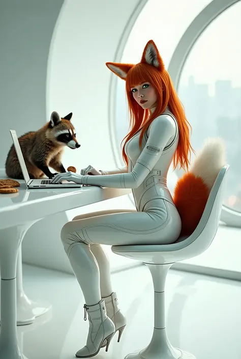 Woman with copper-colored long shiny hair, she has fox ears and a fox tail. Has big green eyes. She wears a completely tight white cyber suit white boots, white tight pants.
The suit shines and fits very tightly. White tight cyber gloves. White tight cyber...