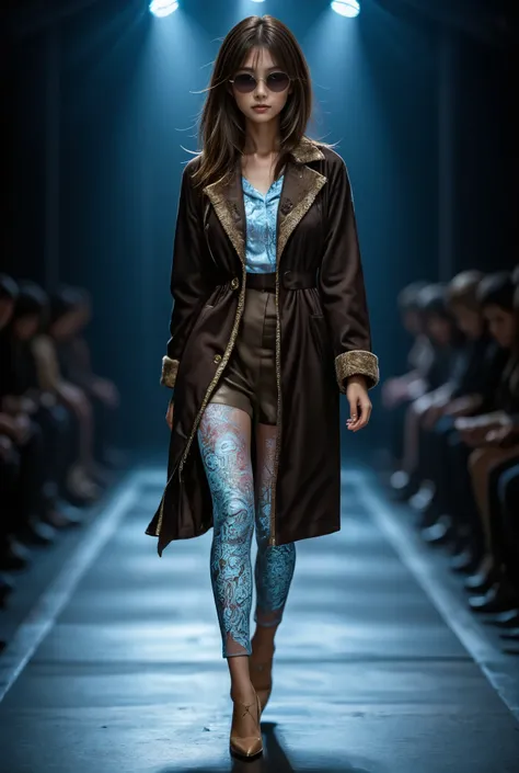 Japanese woman, 1 girl, long hair, brown hair photo, slim figure, thin legs,

High fashion runway pictures taken at fashion shows. Non-attendee runway. Centre is model walking down runway. She is wearing a luxurious ensemble of a dark brown leather trench ...