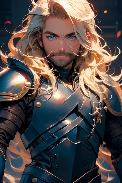 Perfect face. Perfect hands. A muscular blonde haired man with blue eyes and long hair and a dark beard in leather armor is smiling while teaching students how to punch in a practice arena