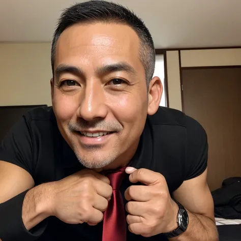 50 years old, male,、Black Shirt、Red Tie、　smile、logic, Gay,Very short hair　Buzz cut　,Japanese Face,、　Stubble、　Upper body close-up、View from below