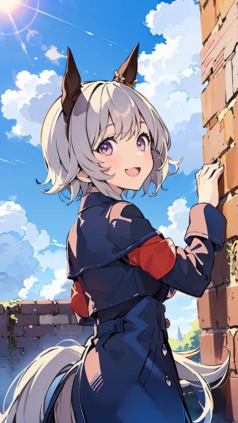 masterpiece, Best Quality, High resolution, Very detailed,(((Karen Chan))), (((Horse Girl)))、(((Around town)))、(((Standing far away))), (((Facing forward。))), (((Brick wall))), (((Against the backdrop of blue sky))), (((Laughing。)))