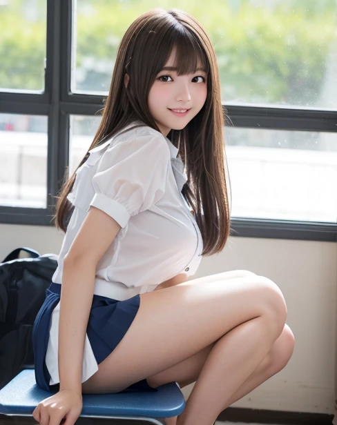 Draw in detail，Best Quality，Japanese，beautiful girl，Whitening，High school girl，Gal，Blonde long hair，She has her bangs down，Busty，Breast Tent，White dress shirt，Dark blue short skirt，Thighs，Bare legs，Baby Face，Provocative smile，Crouching in the classroom