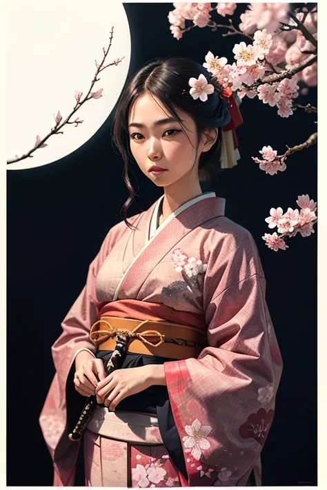 Surrealist art a woman in a kimono holding a katana, in front of a cherry blossom tree with a red circle, Chizuko Yoshida, japan, poster art, white background, high quality . Dreamlike, mysterious, provocative, symbolic, intricate, detailed