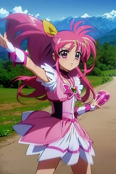 (((PreCure, pink costume, battle scene, special move, pink hair, long hair, in the mountains, 1girl, 2girl, Solo, PreCure weapon, heart hair accessory, skirt, Magical Girl Lyrical Nanoha)))