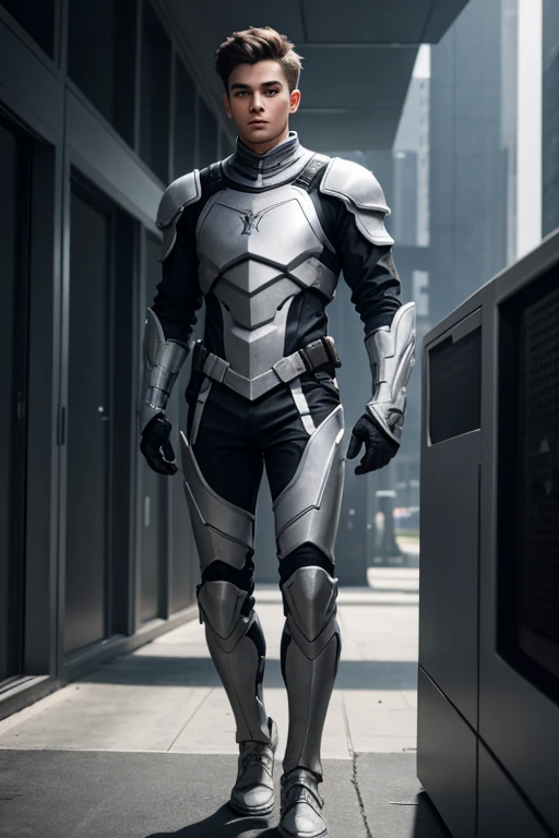 A young men gamer wearing a grey full body suit with white armor