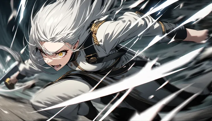 Woman with a silver sword、Running this way。solo。Wearing white military uniform。White hair color。solo。Crazy look。Fighting with swords。It&#39;s dynamic。Gray Hair、Blue Eyes、Straight Hair、Illustration taken a few meters away from the camera。Serious expression。...