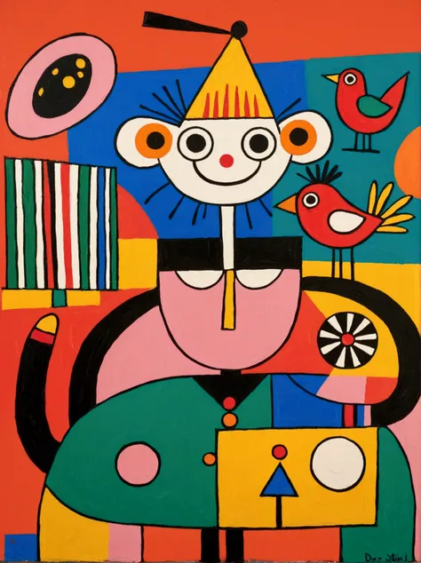 in the style of thierry noir（artist）， a painting with a funny looking cat with a hat holding a red bird , in the style of de sti...