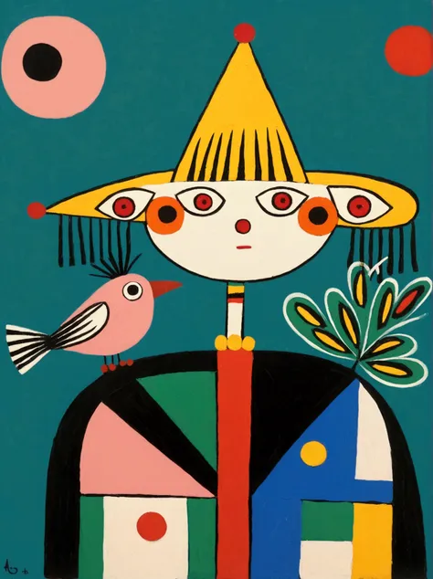 in the style of Thierry Noir（artist）， a painting with a funny looking cat with a hat holding a red bird , in the style of de stijl, playful cartoons, monumental figures, vivid birdlife, maquette, fine lines, childlike innocence
