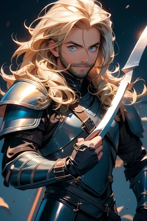 Perfect face. Perfect hands. A muscular blonde haired man with blue eyes and long hair and a dark beard in leather armor is smiling while swinging a scythe n a practice arena