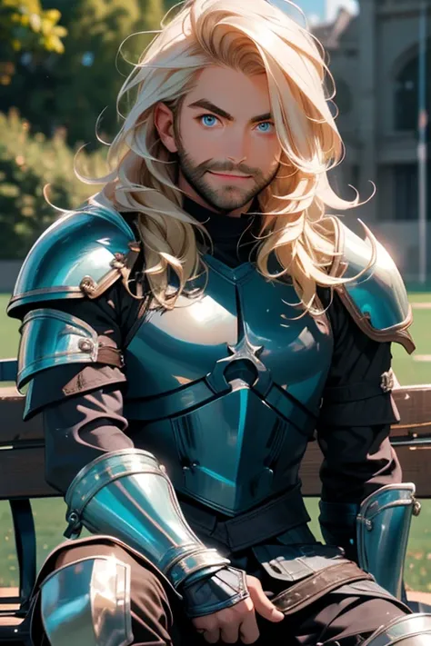 Perfect face. Perfect hands. A muscular blonde haired man with blue eyes and long hair and a dark beard in leather armor is smiling while sitting on a bench in a practice arena