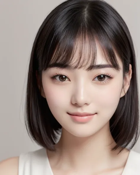 chest, One girl,smile, Black Hair, Best Quality, Simple Background, Japanese、Female college student、Facing at an angle、Wearing a white dress、Well-formed face、High nose、Big eyes、bangs,目の間のbangs, Short Bob、Small face､Beauty、Narrow face、Hands out in front and...