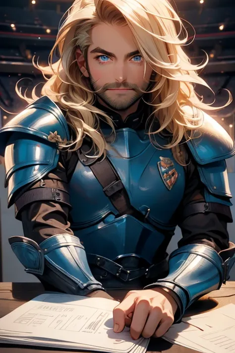 Perfect face. Perfect hands. A muscular blonde haired man with blue eyes and long hair and a dark beard in leather armor is smiling while filing papers in a practice arena