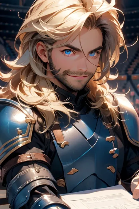 Perfect face. Perfect hands. A muscular blonde haired man with blue eyes and long hair and a dark beard in leather armor is smiling while filing papers in a practice arena