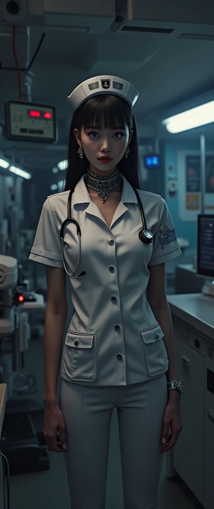 (32K:1.9, Cyber Expressions:1.9, Best Quality, masterpiece, Ultra-high resolution), Perfect dynamic composition:1.3, Detailed skin and face textures:1.3, (Futuristic Hospital, Lots of futuristic medical equipment:1.3, The moonlight of Cyber City illuminate...