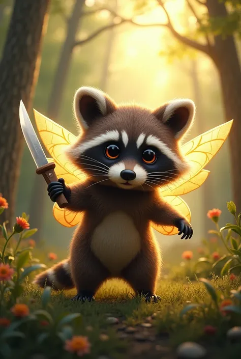 A cute raccoon with fairy wings and a knife in his hand 
