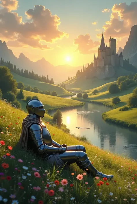 A knight in shining armor reclines on a vibrant meadow filled with colorful flowers. He gazes over a serene, reflective river that winds through a lush valley, bathed in the warm light of a golden sunset. Rolling green hills and distant mountains stretch a...